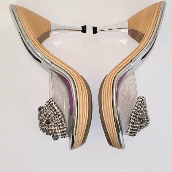 Vintage Betsey Johnson Polly Mules Rhinestone Bow Wood Heel Pin Up - Picture 10 of 14